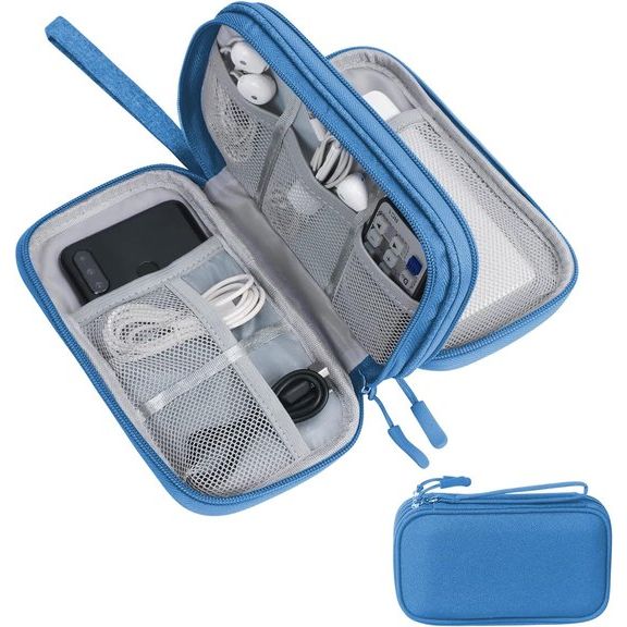 Kabeltas, kabelorganizer, organizer voor elektronische accessoires, draagbare kabelorganizer, dubbele kabeltas voor elektronische accessoires, USB-powerbank, oplaadkabel voor SD-kaart, blauw