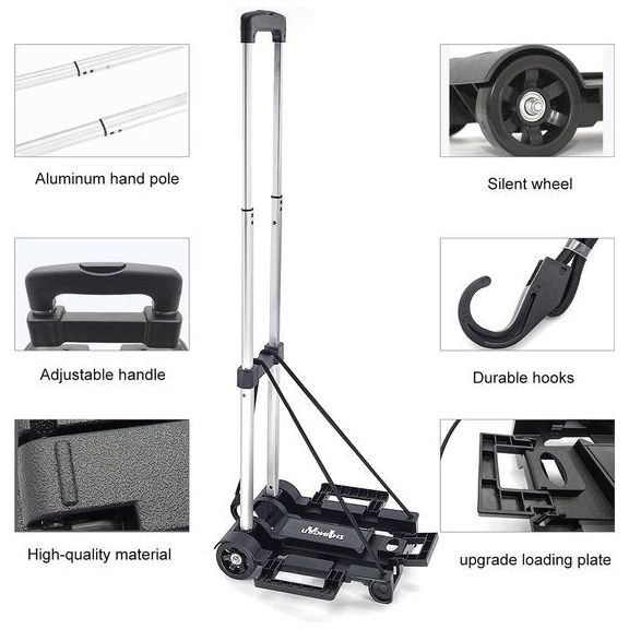 Steekwagen opvouwbaar, aluminium trolley, mini transportwagen bagagewagen, opvouwbare boodschappentrolley, inklapbaar, 2 wielen, uitbreidbaar, groot chassis, opvouwbaar in rugzak