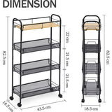 Keukenwagen met 4 niveaus, smalle rolwagen, nisrek op wieltjes, ruimtebesparend keukenrek en badkamerrek, multifunctionele trolley voor kleine beperkte ruimtes, keuken, kantoor en badkamer, eenvoudige montage, zwart