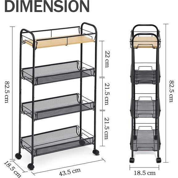 Keukenwagen met 4 niveaus, smalle rolwagen, nisrek op wieltjes, ruimtebesparend keukenrek en badkamerrek, multifunctionele trolley voor kleine beperkte ruimtes, keuken, kantoor en badkamer, eenvoudige montage, zwart