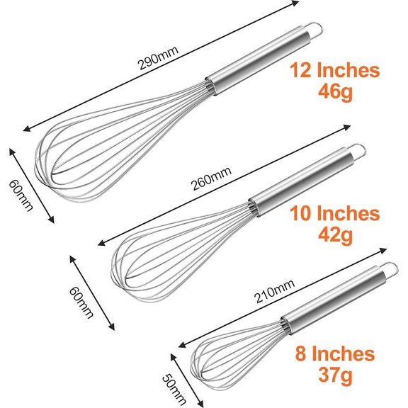 Gardeset roestvrij staal, gardeset van 3, inclusief 21 cm, 26 cm, 29 cm voor mengen, deeg roeren, eieren, opschuimen, kloppen, hoogwaardige garde voor woonkamer, keuken, eetkamer, zilver