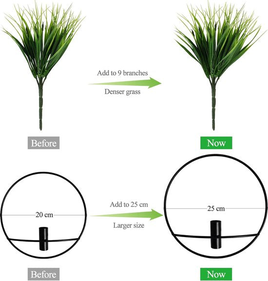 Set van 2 kunstplanten met rond mat zwart metalen hangframe voor wanddecoratie, aan de muur gemonteerde kunstplanten met metalen banden voor moderne zwarte wanddecoratie