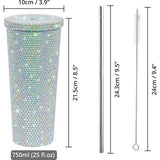 750 ml strass-drinkbeker met deksel en rietje, glinsterende roestvrijstalen isolatiebeker met rietje en 2 borstels, houdt water, koffie en dranken 4 uur lang koud of warm