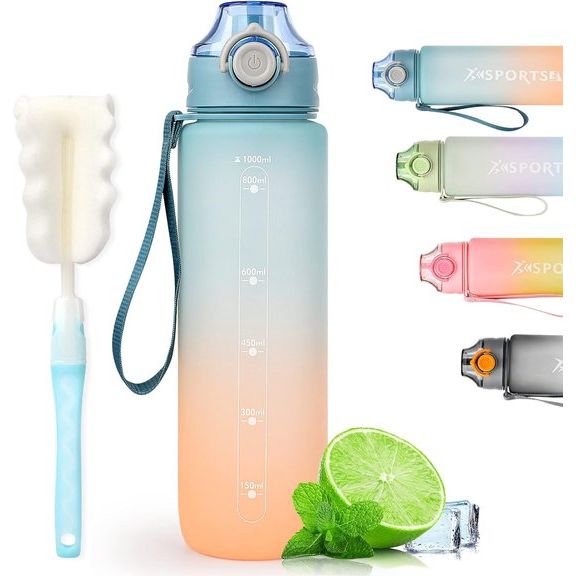 Drinkfles, 1 liter, sportdrinkfles, 1 l, waterfles met afsluitdeksel en lekvrij, BPA-vrij Tritan, voor fitnessstudio, school, fietsen, outdoor, sport, fitness en kantoor