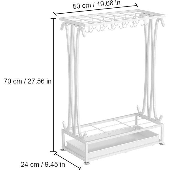 Extra grote witte metalen 21-gaats rechthoekige paraplubak Wandelstokhouder met 24 haken en een gratis voet regenwaterlekbak 70 x 50 x 24 cm