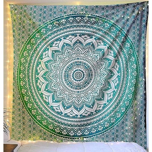 Katoenen mandala wandtapijt, zeegroen, hippie, boho, wandtapijt, 228 x 213 cm