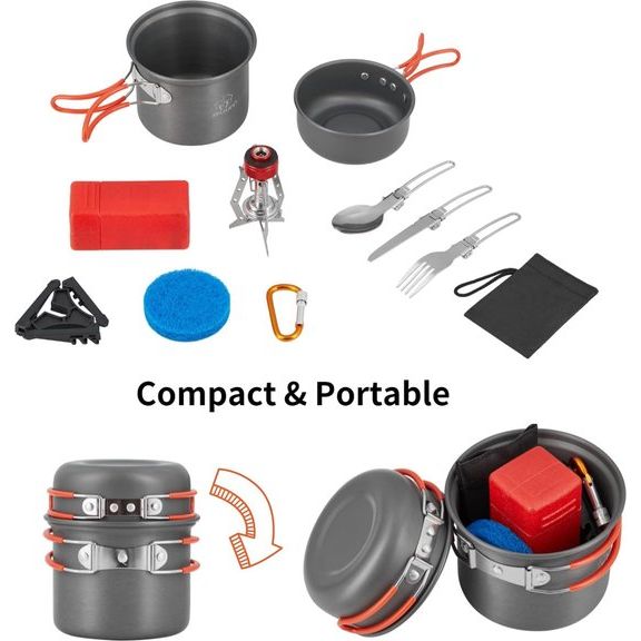 Campingserviesset voor 2 personen, aluminium pan, lichte pannenset, opvouwbare kookpan, outdoor kookset met pot, kom, pan voor camping, wandelen, trekking en wandelen