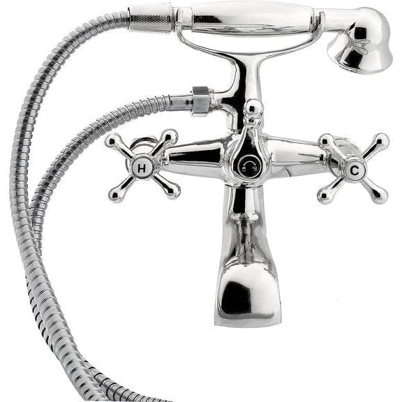 Badkuip, Notalgie badarmatuur met kruishandgrepen en handdouche, vintage armatuur, kraan, tweehendelmenger, badkamer opbouwarmatuur, chroom