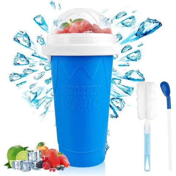 Slushy Mok, siliconen slushy maker beker met 2-in-1 rietje en lepel, slushy ijsbeker met reinigingsborstel, slushy maker cup voor de bereiding van verschillende dronken smoothies (blauw)