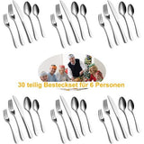 Bestekset voor 6 personen, 30-delig eetbestek set incl. mes, vork, lepel, bestek roestvrij staal spiegelgepolijst, vaatwasmachinebestendig