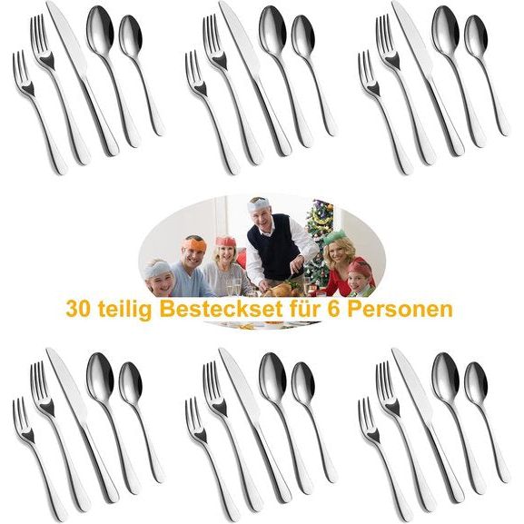 Bestekset voor 6 personen, 30-delig eetbestek set incl. mes, vork, lepel, bestek roestvrij staal spiegelgepolijst, vaatwasmachinebestendig