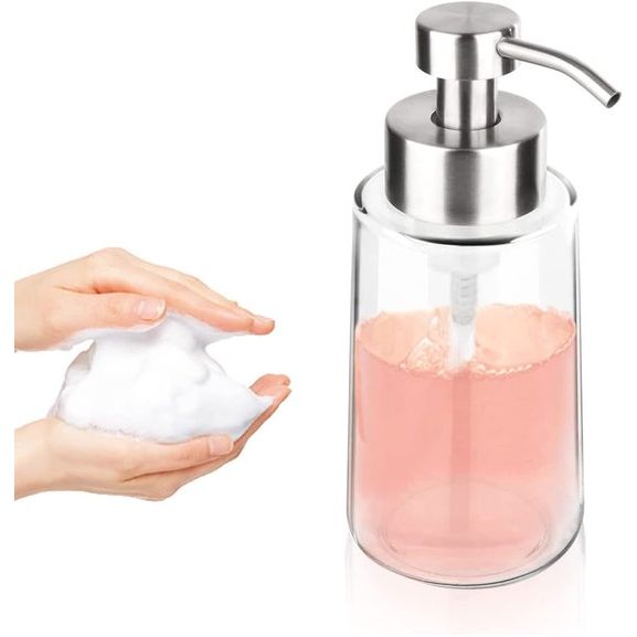 Glazen schuimende zeepdispenser, 450ML helder glas zeepdispenser met roestvrijstalen pomp voor shampoo, conditioner, schotel zeep, handzeep gel