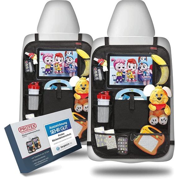 Premium 2-delige rugleuningbeschermer voor de auto, voor kinderen, auto-achterbank-organizer, waterafstotende achterbankbeschermer voor kinderen, met tabletvak, zwart
