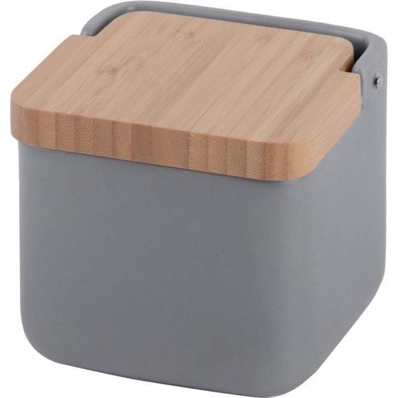 Zoutpot keramiek met klapdeksel van bamboe, praktische zoutpot en zoutcontainer voor de keuken, zoutvat keramiek met deksel, ideaal als zoutpot, mat grijs, 11,2 x 11,2 x 11,2 cm