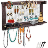 Boho Chic Jewellery Organiser Wall Mount with Detachable Bracelet Bar, 1 Shelf and 16 Hooks - Perfect Storage for Earrings, Necklaces and Bracelets - Jewellery Display