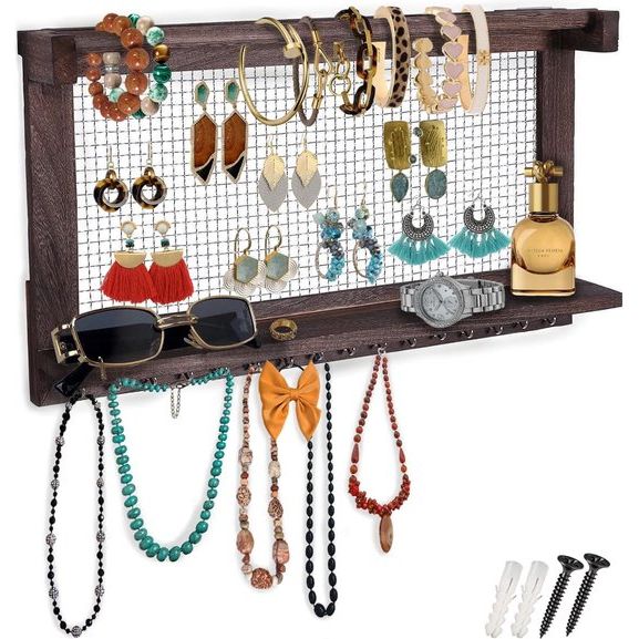 Boho Chic Jewellery Organiser Wall Mount with Detachable Bracelet Bar, 1 Shelf and 16 Hooks - Perfect Storage for Earrings, Necklaces and Bracelets - Jewellery Display