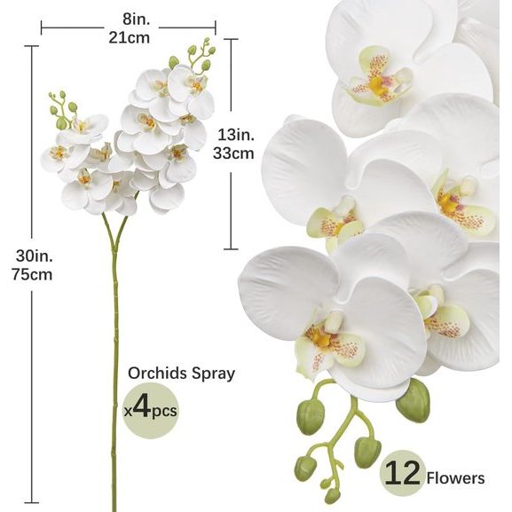 4 stuks kunstbloemen, orchideeëntak, kunstphalenopsis, orchidee, decoratieve witte bloemen, kunsttak, decoratie, real-touch kunstbloemen, net echt met 9 bloemen
