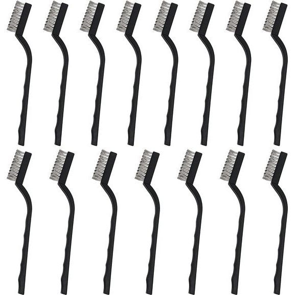Mini roestvrijstalen draadborstelset (set van 15) - staalborstel met gebogen kunststof handgreep en ophanggat - ambachtelijke borstel voor het reinigen van metselwerk, metaalwerk