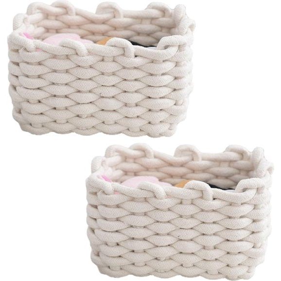 Set van 2 opbergmanden, gevlochten katoenen breimand, kleine manden, commode-organizer, decoratieve vierkante opbergplankmanden voor make-up, sokken, speelgoed (wit)