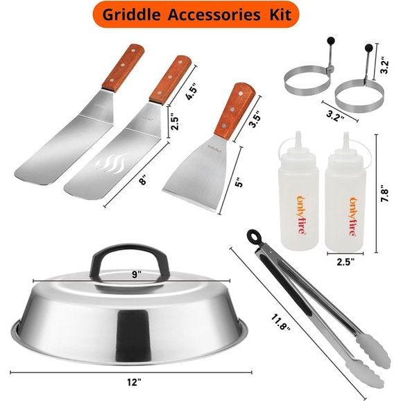 Professionele BBQ-grillspatelset, barbecuespatel, ideaal voor Plancha-kookplaat, met smeltkoepel van 30,5 cm, 9-delig