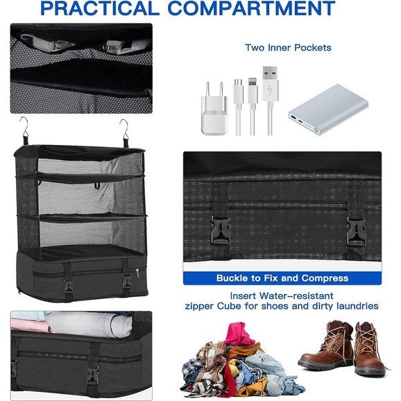 Koffer-organizer, hangend, opvouwbaar, met make-uptas, 2-delig, draagbare pakkubus, hangkast, pakkubus om op te hangen, opbergtas voor koffer en bagage, zwart