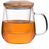 Theemok met zeef, glazen theekop met bamboedeksel, 420 ml, theemok van borosilicaatglas, transparante theekop voor thee, bloeiende thee, theezak, hittebestendig, voor thuis en op kantoor