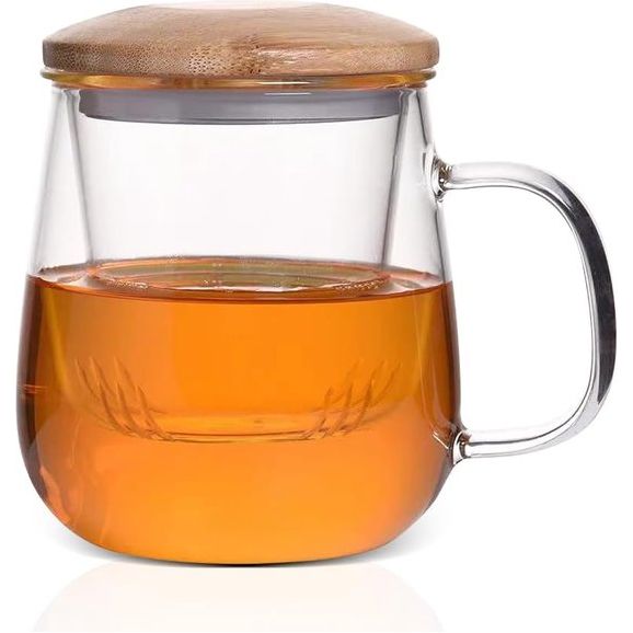 Theemok met zeef, glazen theekop met bamboedeksel, 420 ml, theemok van borosilicaatglas, transparante theekop voor thee, bloeiende thee, theezak, hittebestendig, voor thuis en op kantoor
