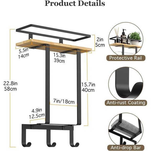 Handdoekhouder voor aan de muur, metalen handdoekjeshouder met twee houten rekken en 3 afneembare haken, handdoekhouder, badkamer, gastendoekjeshouder, handdoekenrek voor badkamer, zwart + hout