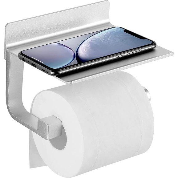 Toiletrolhouder met plank bijv. mobiele telefoon, papierhouder zonder boren, roestvrij aluminium toiletrolhouder voor toilet toilet keuken badkamer, wandhouder met spijker of 3M lijm, zilver