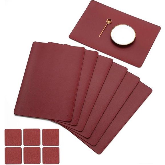 Set van 6 placemats en 6 onderzetters veeg schoon antislip PVC hittebestendige placemats voor keukentafel 30*45cm rood wijnrood