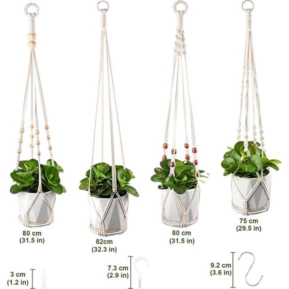 Macramé plantenhangers, set van 4 boho-decoratieve hanglampen voor bloempotten en planten, decoratie van binnen en buiten