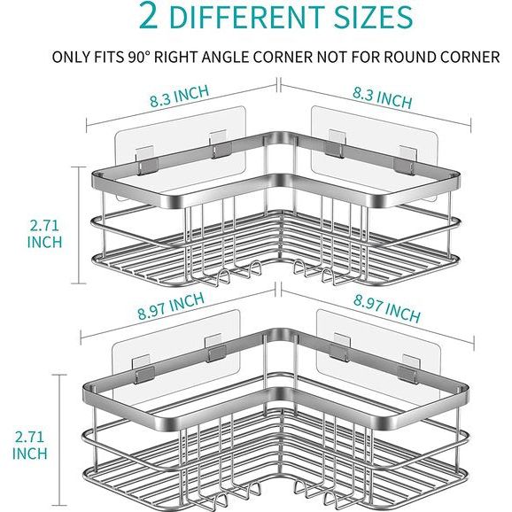 Hoek Douche Caddy 2 Pack, Geen Boren Douche Organizer Hoekplank voor Badkamer Bad, RVS Douche Caddy Hoekplank met 8 Haken en 6 Lijmen (Zilver)
