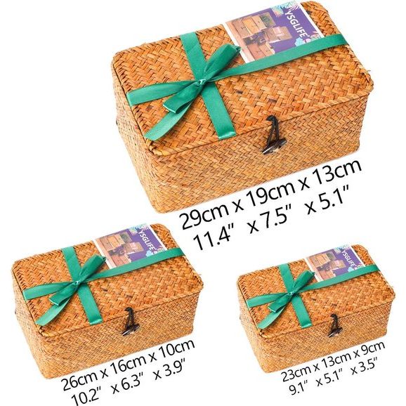 Opbergbox van zeegras, bastmand met deksel, opbergmanden plankmanden, rieten mand, wasmanden, make-up-organizer, keuken, woonkamer, bureau-opslag, natuurlijk materiaal, rotan mand