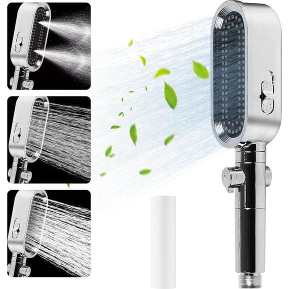 Douchekop, waterbesparend, handdouche, douche met filter (een reservepatroon), 3 straalsoorten, douchekop met drukverhoging, stopfunctie en instelbare hoeveelheid water, rechthoekige douchekop