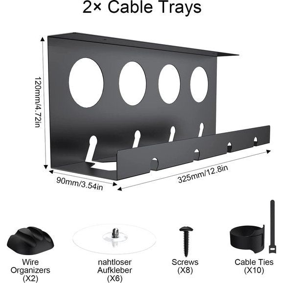 Yomisee Kabelgoot bureau, kabelmanagement bureau set van 2 incl. accessoires, kabelgeleiding eenvoudige montage zonder boren kabelhouder kabelkuip tafel