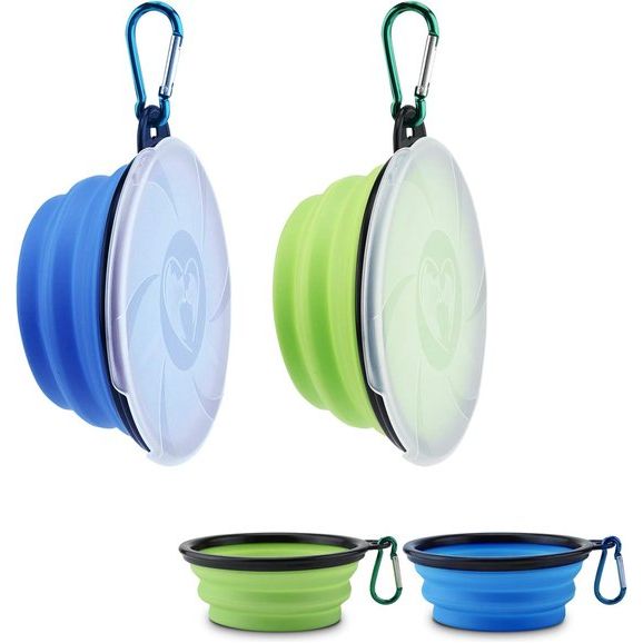 Set van 2 opvouwbare hondenbakken, reisbak voor huisdieren met deksel en haak, draagbare siliconen voerbak, hondenbak voor reizen, wandelingen, kennel, kamperen (450 ml, blauw en groen)