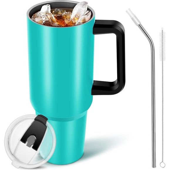 Thermomok met rietje Drinkbeker met deksel en handvat 1,1 L Coffee to Go Vacuüm geïsoleerde autobeker met lekvrij deksel Stroborstels BPA-vrije cadeaus Dames Heren