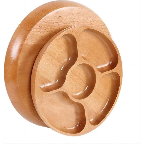 Houten aanbevolen bord, 5-voudig dienblad, portiecontrole, kinderbord, stapelbare houten onderroosterschaal, bord voor gedroogd fruit, snacks en fruit (30 cm)