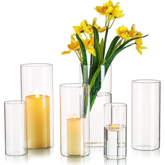 Glazen Cilinder Vazen Voor Tafeldecoratie, Hewory 6Pcs Heldere Vaas Set Voor Bruiloft Evenementen Centerpieces, Orkaan Kaars Houders Voor Pijler Drijvende Kaarsen, Bloemen Vaas Woonkamer Home Decor