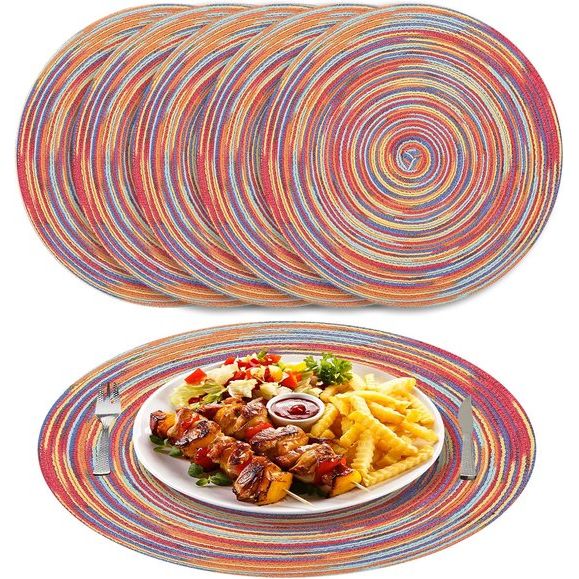 Placemats rond regenboog rood gevlochten placemats set van 6 hittebestendige tafelsets wasbaar voor keuken diner 38 cm