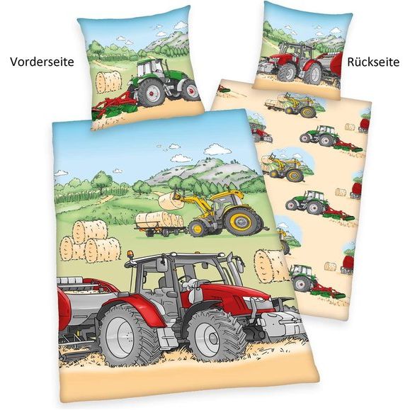 Set beddengoed tractor, kussensloop: 70x90 cm, dekbedovertrek: 140x200 cm, materiaal: 100% katoen, renforcé, met soepel lopende ritssluiting