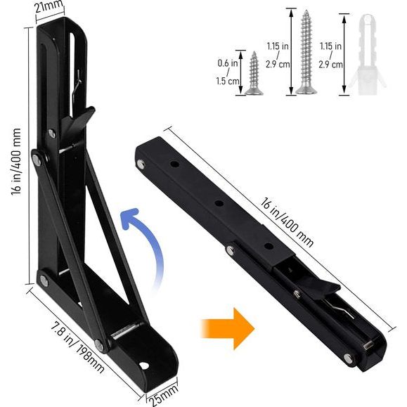 2 stuks 400 mm klapconsole, zware belasting, maximaal draagvermogen 80 kg, klapplankhouders, plankdragers en -steunen, klapscharnier voor huis, keuken, kantoor, grill, wandhouder, staal, zwart