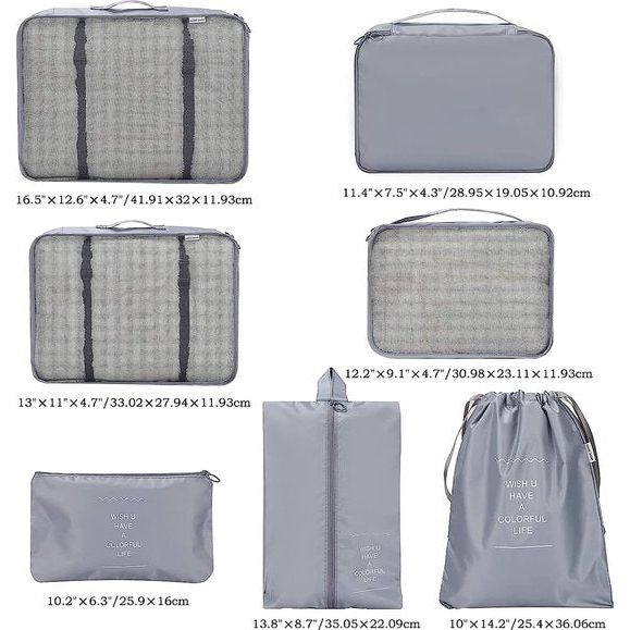 Set van 7 stuks bagagekubussen, kofferorganizer, kledingtassen, schoenenzakken, opbergsysteem voor vakantie, reizen (grijs)