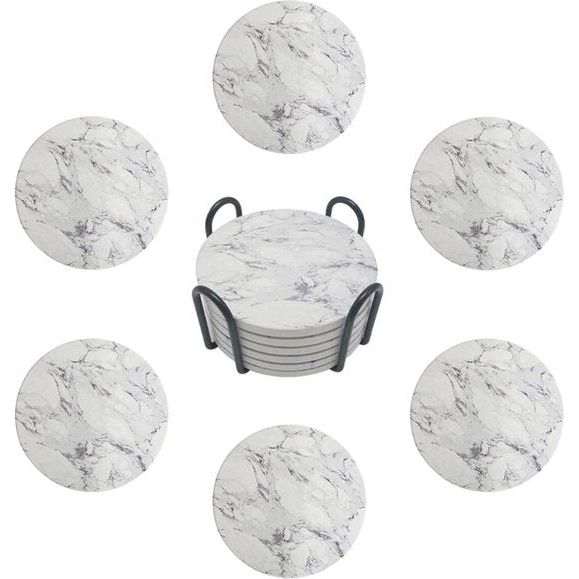 set van 6 ronde marmeren onderzetters met metalen handvat voor huisdecoratie, feesten, drankjes, koffie, wijn, bekers en bar