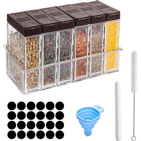 Spice Jars Square Set of 6 Camping Spice Jars Spice Container Plastic Small Spice Box Spice Shaker Spice Organiser with Tray, Funnel, Stickers, Cleaning Brush, Chalk Pen