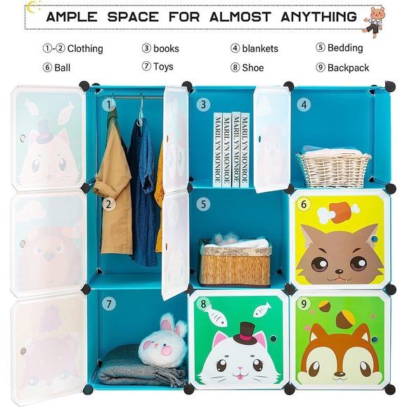Uitbreidbaar kinderrek kinderkledingkast traprek boekenrek met deuren, diepere vakken dan normaal (45 cm vs. 35 cm), 110 x 47 x 110 cm blauw
