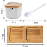 Kruidenpotjes, zoutpot met deksel, voorraaddoos, keramische suikerpot met deksel en lepel voor huis en keuken, kleine kruidendoos met houten dienblad voor zout, peper, kruiden, specerijen