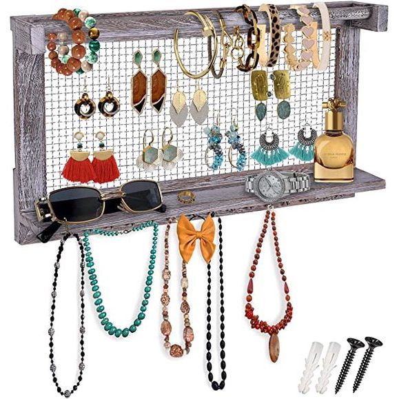 Rustieke sieraden organisator Wand gemonteerde sieraden houder organisator met verwisselbare armband staaf en 16 haken Perfect voor kettingen en armbanden Houder Vintage Juwelen Display Rustiek wit