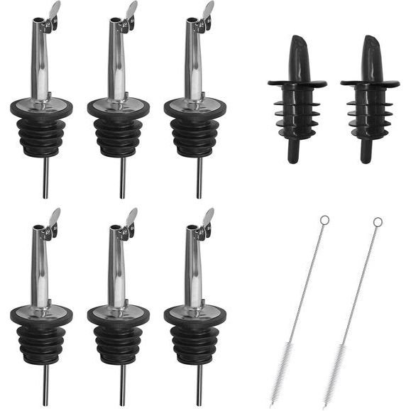 6 stuks roestvrijstalen schenktuit en 2 stuks rubberen schenktuit, olijfolie siroop azijn fles schenktuit, cocktail rode wijn champagne bierflesstopper, met 2 reinigingsborstels.