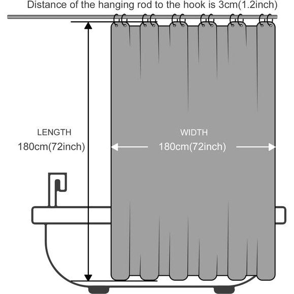 180x180 douchegordijn, schimmelwerend in badkamergordijn voor badkuip, douche, textielgordijnen van stof, waterdicht, wasbaar, met 12 douchegordijnringen, grijs.